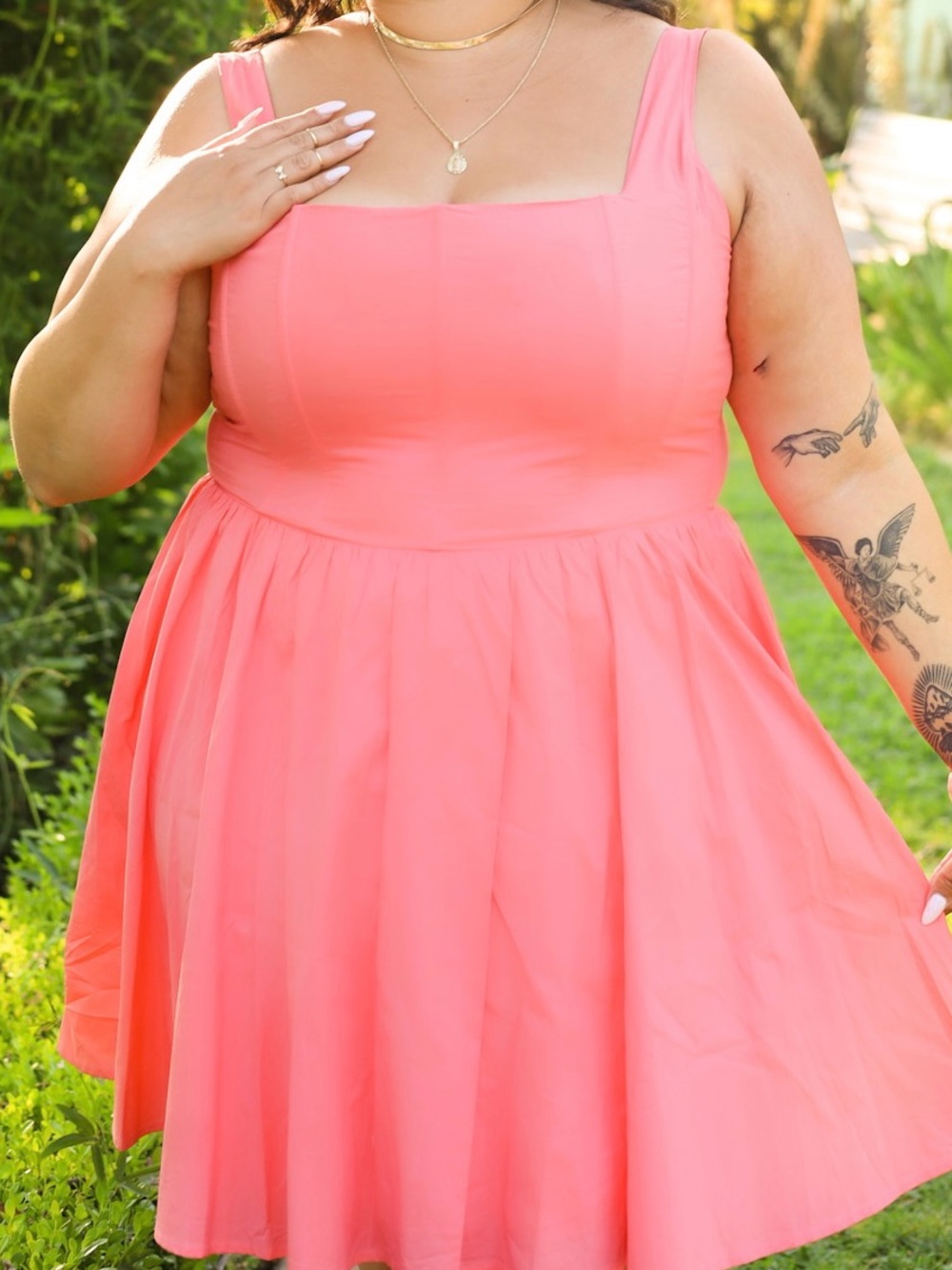 Plus Size Square Neck Coral Pink Summer Dress